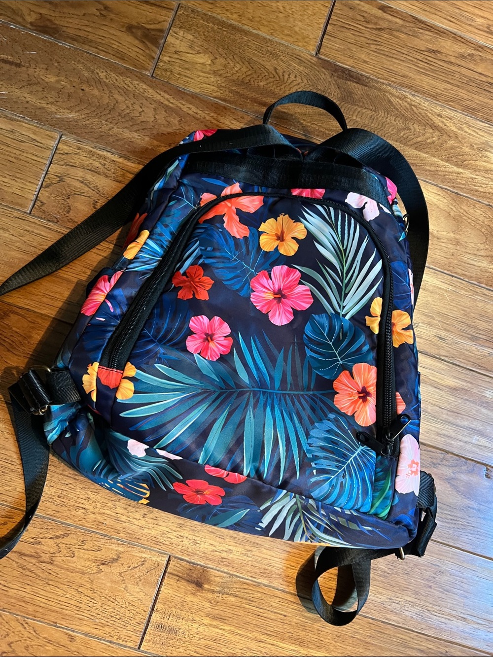 Floral Tropical Print Men's Backpack. Navy w/ Multicolor Flowers  Theft Proof